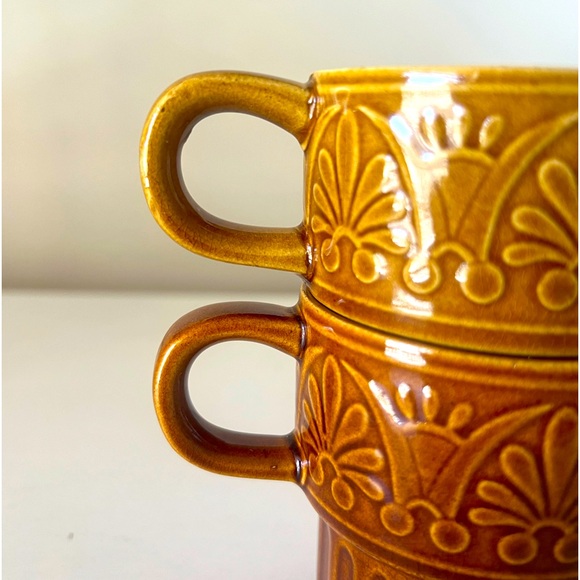 4 VTG Embossed Mid
Century Modern Ceramic Glazed
Stacking Mugs Japan
Brown Gold - Picture 3 of 9